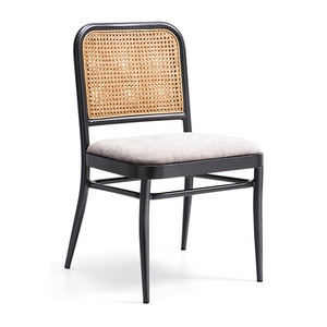 Customized Metal Frame Rattan Back Dining Chair With Upholstered Fabric Cushion