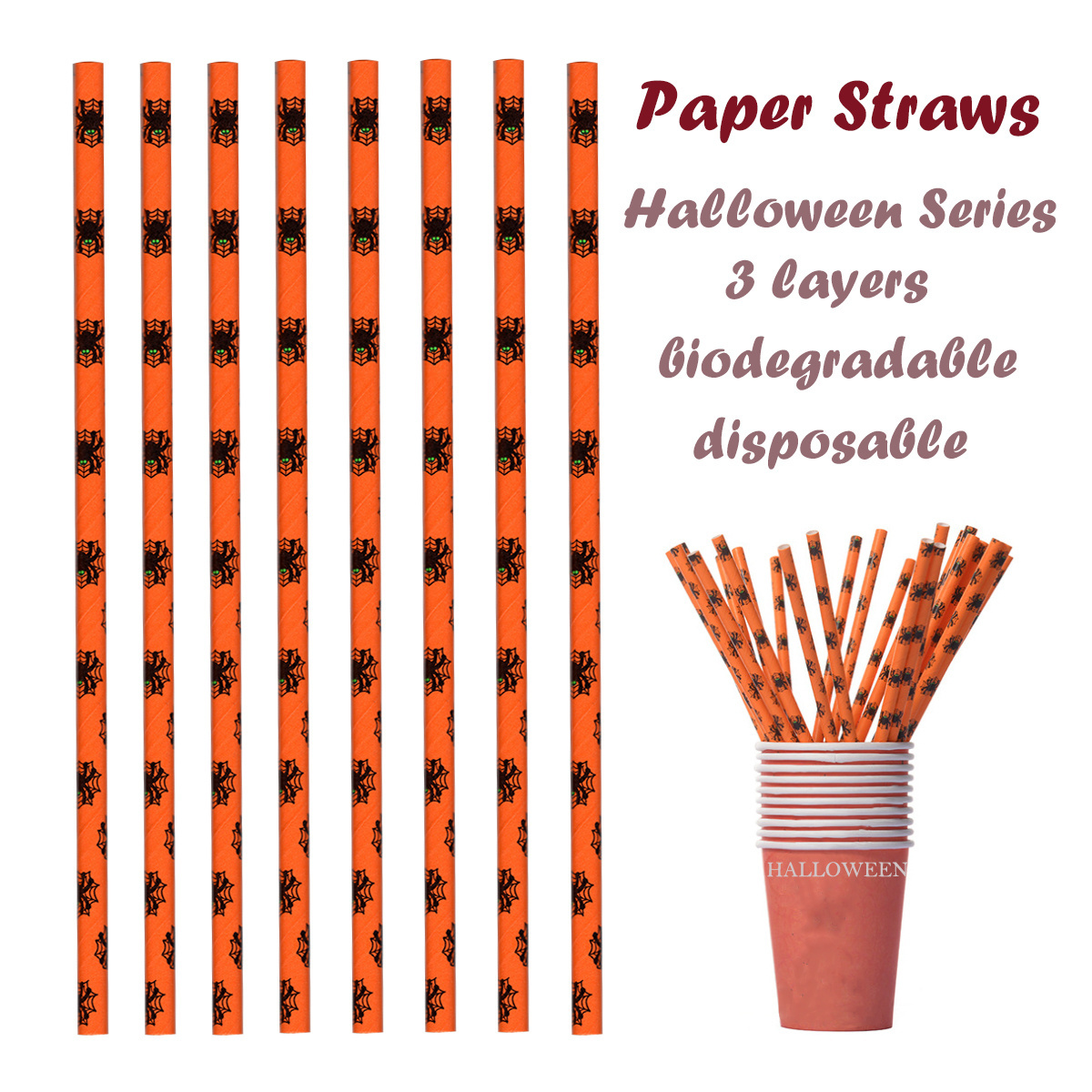 High Quality Party Supplies Eco Friendly Biodegradable Halloween Themed Spider Straw Disposable Paper Straws