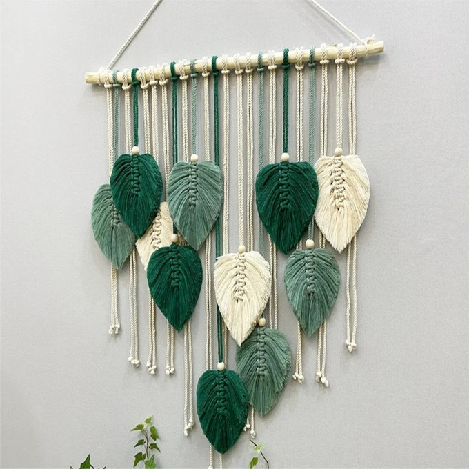 New customized Macrame Green Leaf Wall Hanging Handmade Wall Hanging With Leaves Macrame Feathers W9212