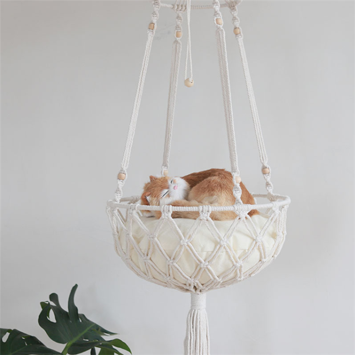 SZ246 Macrame Cat Hammock Woven Boho Wall Hanging Pet Hammocks Dog Bed Swing Hanger Woven Wall Hanging Baskets with Cushion