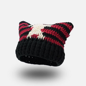 F-2300 personality stripes beanies with ears custom cute cat ear beanies thick warm wholesale woman hat for winter