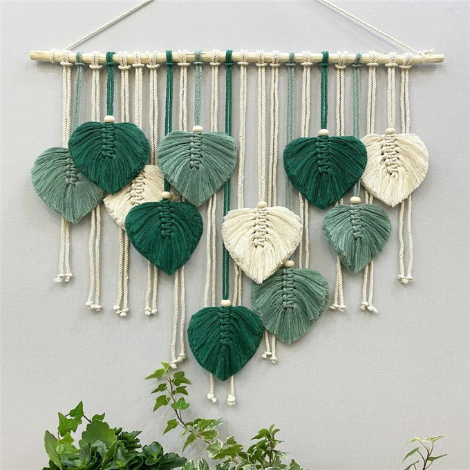 New customized Macrame Green Leaf Wall Hanging Handmade Wall Hanging With Leaves Macrame Feathers W9212