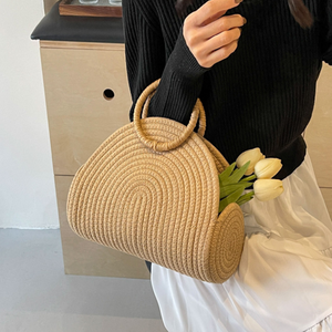 F-2445 new fashion seaside holiday beach moon shaped bag large capacity hand-woven 2024 handbag for women straw bucket bag