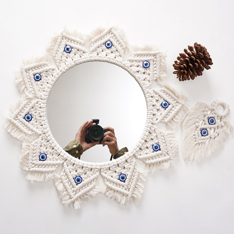 F-1933 INS handmade frame mirror hotel wall hanging make up mirror custom macrame evil eye mirror Nursery Flower Wall Decor