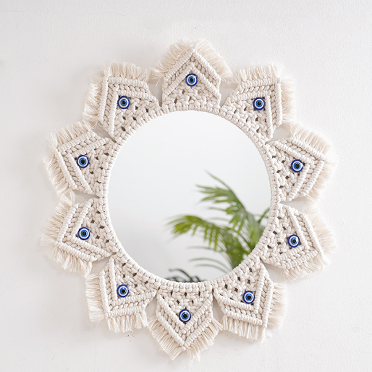 F-1933 INS handmade frame mirror hotel wall hanging make up mirror custom macrame evil eye mirror Nursery Flower Wall Decor