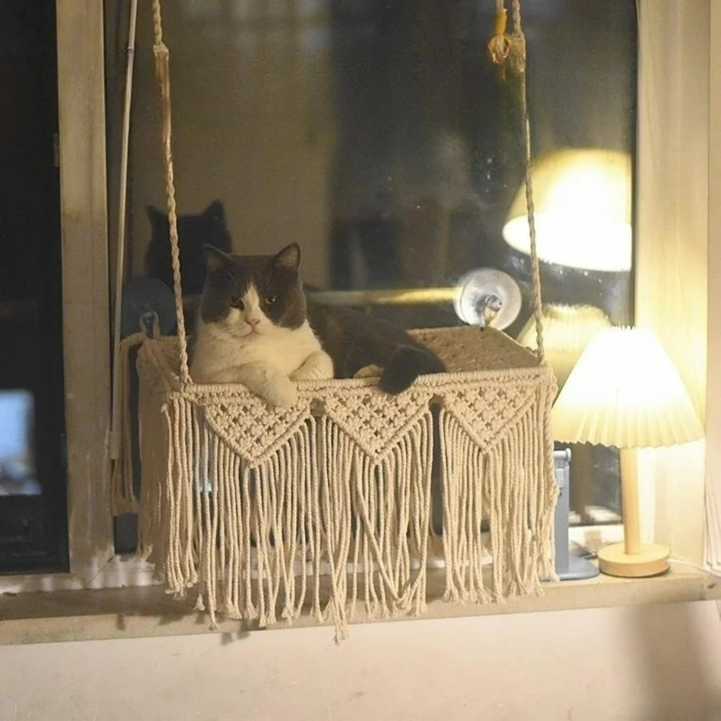 New fashion Comfy Cat Window Perch Macrame Cat Hammock for Wall Boho Cat Shelf W1923