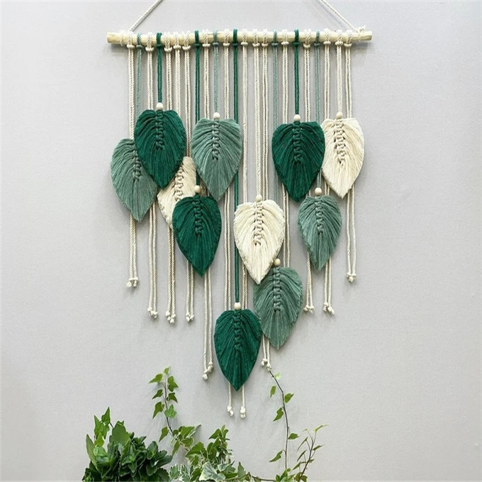 New customized Macrame Green Leaf Wall Hanging Handmade Wall Hanging With Leaves Macrame Feathers W9212