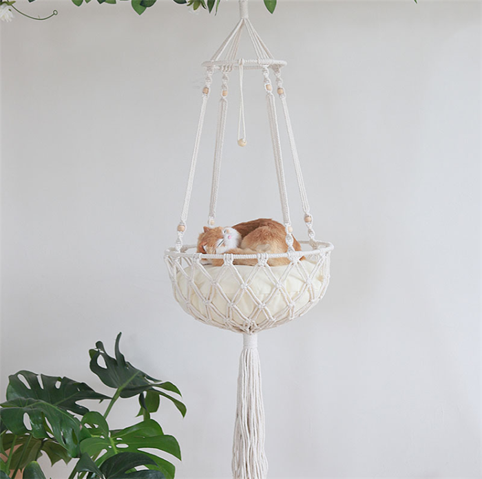 SZ246 Macrame Cat Hammock Woven Boho Wall Hanging Pet Hammocks Dog Bed Swing Hanger Woven Wall Hanging Baskets with Cushion