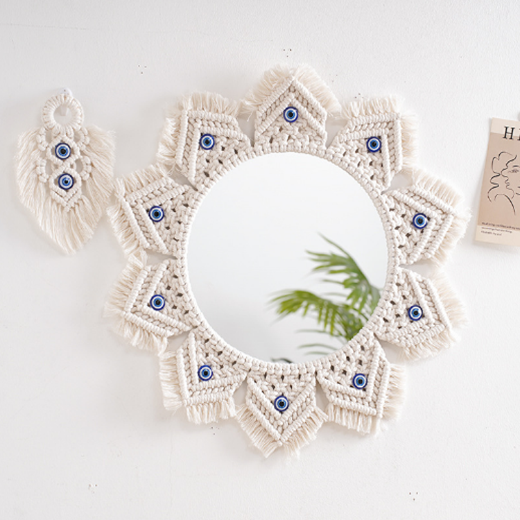 F-1933 INS handmade frame mirror hotel wall hanging make up mirror custom macrame evil eye mirror Nursery Flower Wall Decor