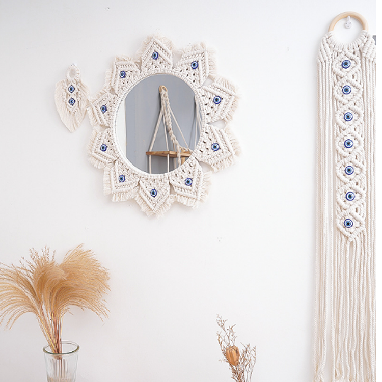 F-1933 INS handmade frame mirror hotel wall hanging make up mirror custom macrame evil eye mirror Nursery Flower Wall Decor