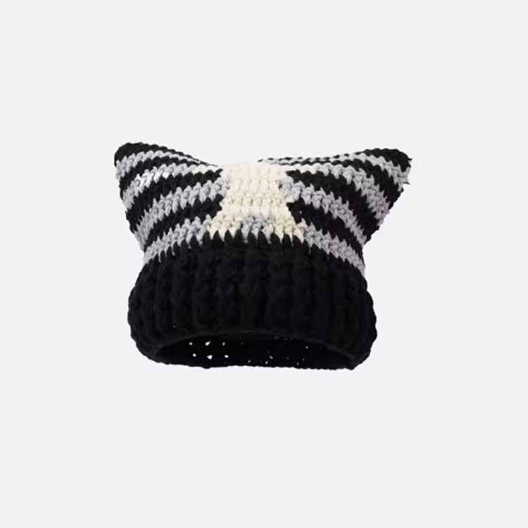 F-2300 personality stripes beanies with ears custom cute cat ear beanies thick warm wholesale woman hat for winter