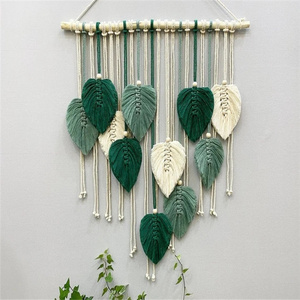 New customized Macrame Green Leaf Wall Hanging Handmade Wall Hanging With Leaves Macrame Feathers W9212