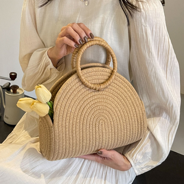 F-2445 new fashion seaside holiday beach moon shaped bag large capacity hand-woven 2024 handbag for women straw bucket bag