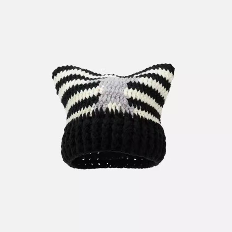 F-2300 personality stripes beanies with ears custom cute cat ear beanies thick warm wholesale woman hat for winter