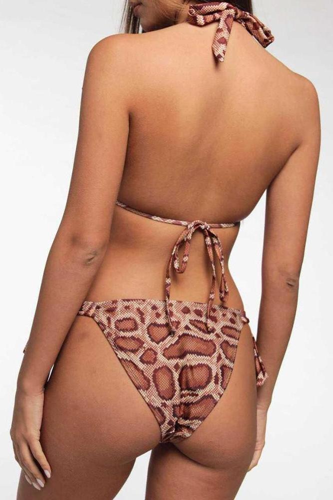 Cheap snake skin fabric Halter ring detail low Waisted thong Bikini sexy swimsuit two piece swim wear Slide Triangle bikini