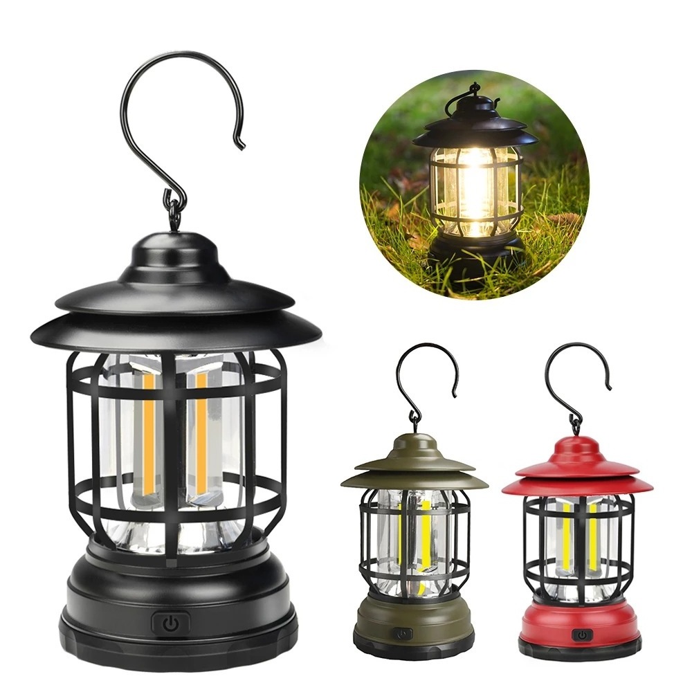 Outdoor Retro Tent Lamp 3 Colors Camp Light 18650 or  AA Battery Rechargeable COB White Light Flame Camping Lantern with hook