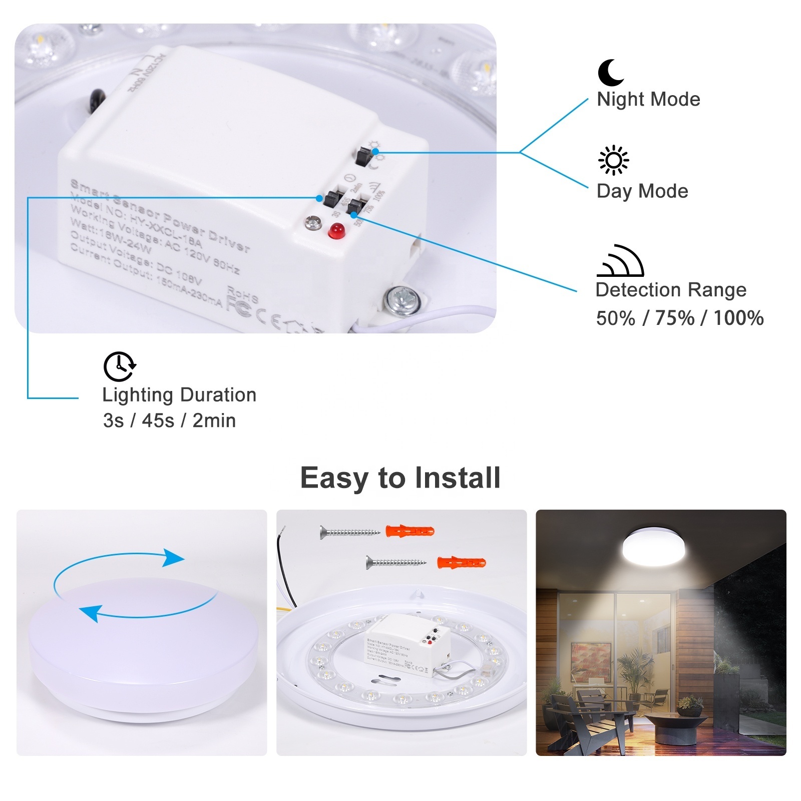 Microwave Motion Sensor Light 220V Led Ceiling Lamps Plastic ABS for Bedroom 18W 10 Led Flush Mount Ceiling Light