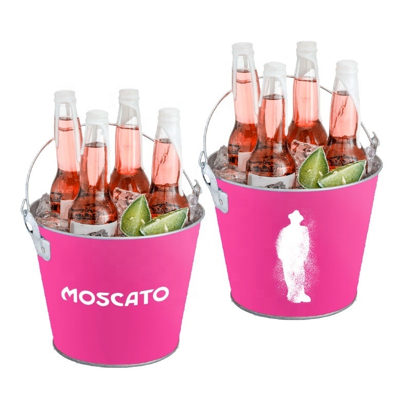 Custom Branding 5L Round Metal Galvanized Ice Bucket with Bottle Opener and Handle for 6 Bottles of Beer Champagne