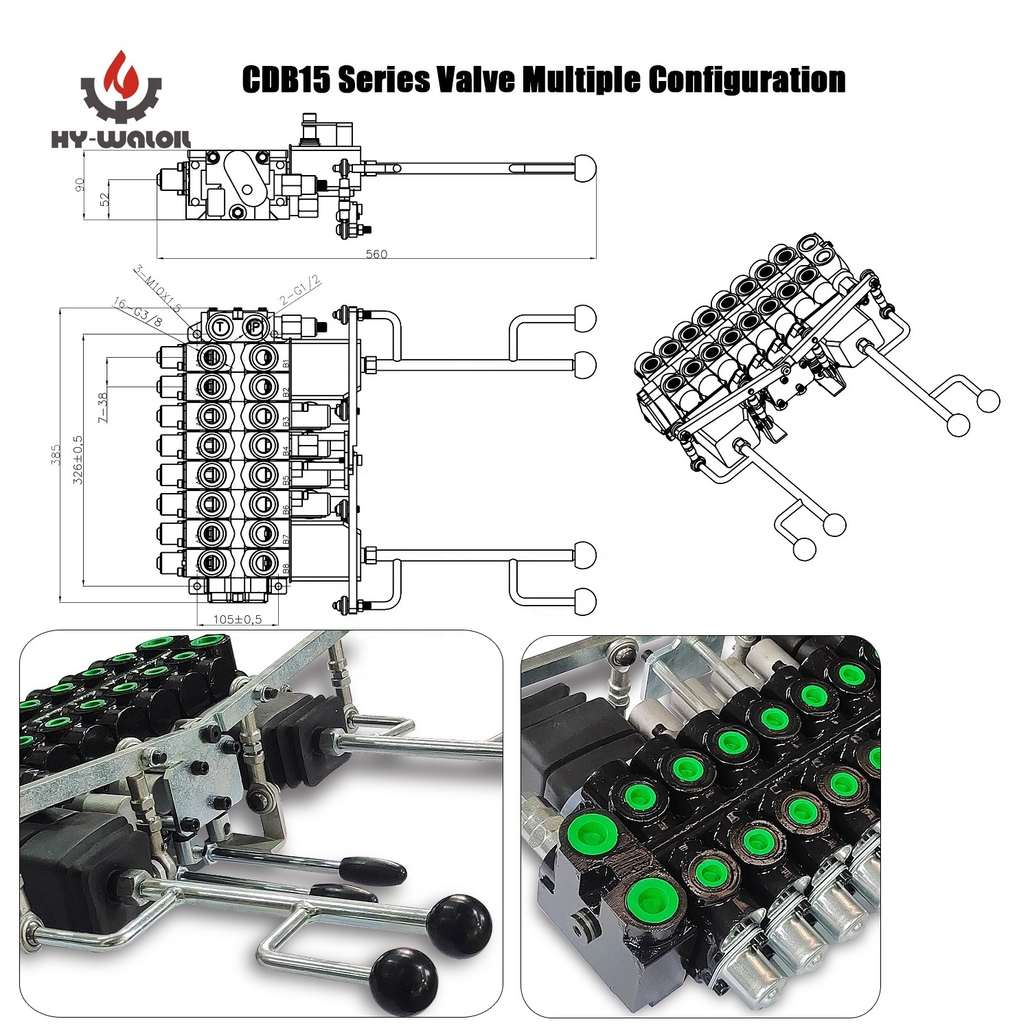 Hy-waloil CDB15 Series Hand Control Multiway 8 Spools 2-lever 3 coord splitter hydraulic control valve