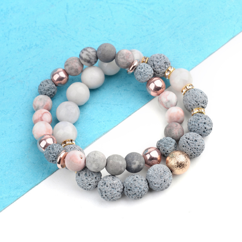 Wholesale Delicate Adjustable Stretch Pink Agate Lava Rose Gold Hematite Yoga Energy Natural Stone Beaded Bracelets For Women