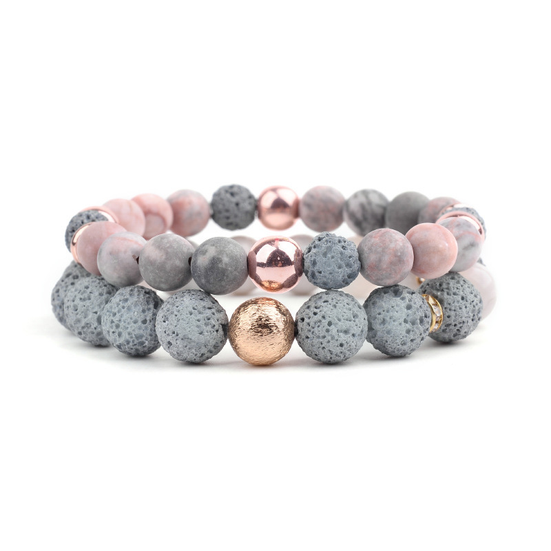 Wholesale Delicate Adjustable Stretch Pink Agate Lava Rose Gold Hematite Yoga Energy Natural Stone Beaded Bracelets For Women