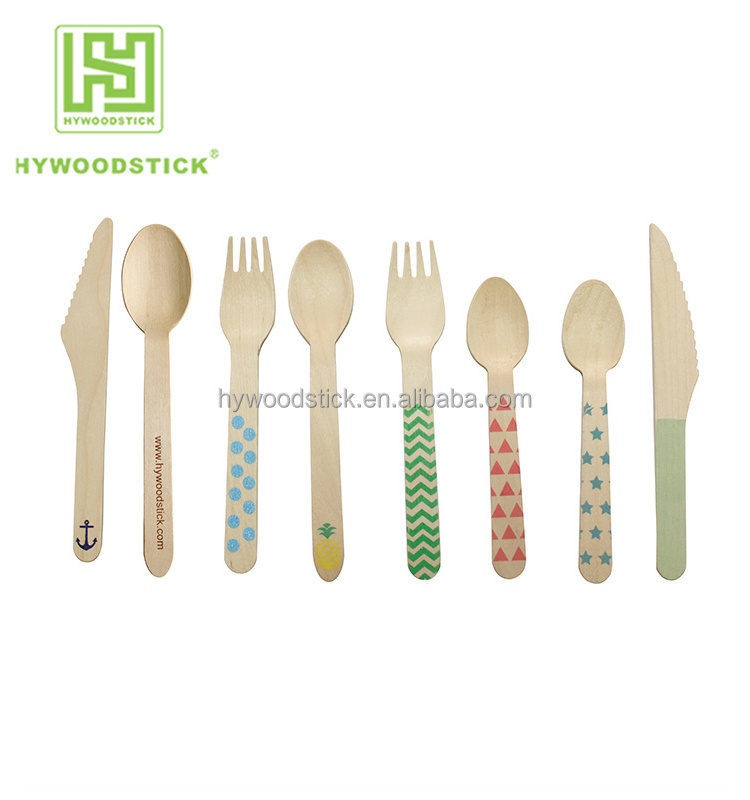 140mm 160mm printed/hot stamped Beech wooden spoon disposable folding spoon and fork bio