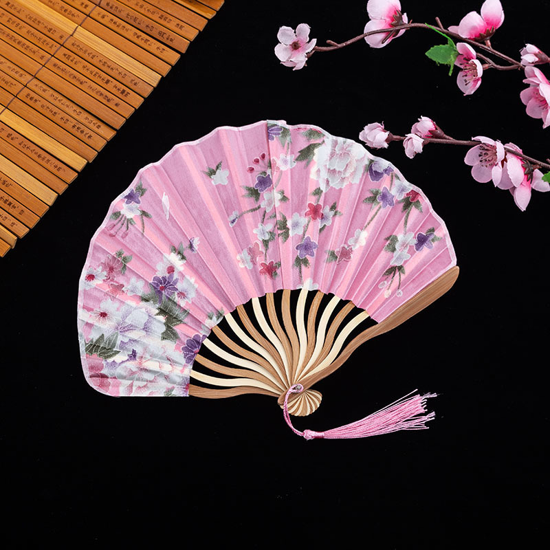 Y-Z Women Japanese style silk portable small bamboo folding Chinese style wooden hand fan