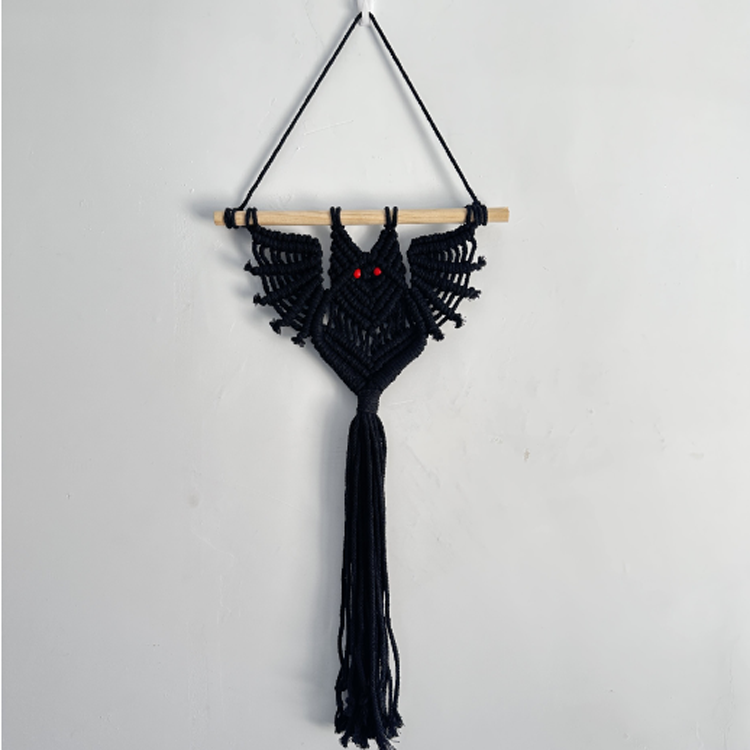 F2102 modern 2024 handmade black white cotton bat halloween decoration custom Gothic Bat macrame products wall art for home