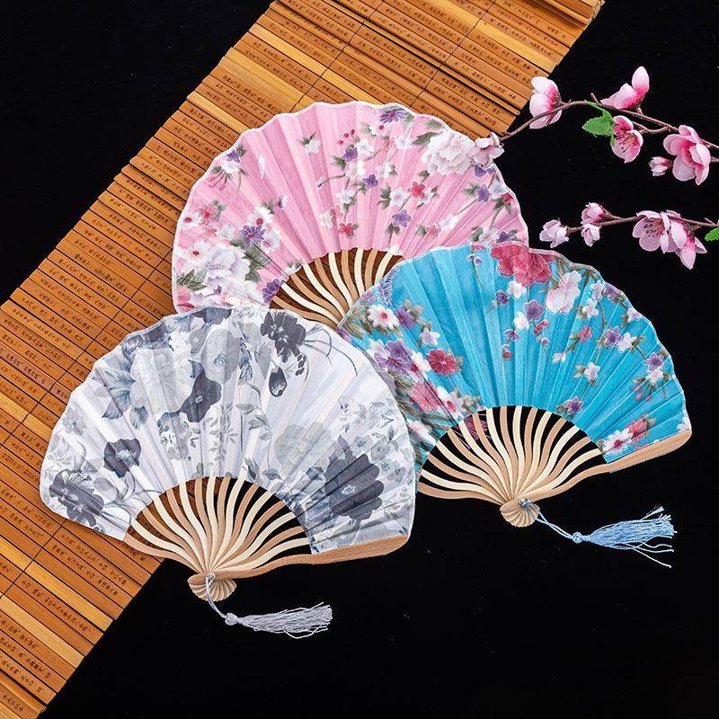 Y-Z Women Japanese style silk portable small bamboo folding Chinese style wooden hand fan