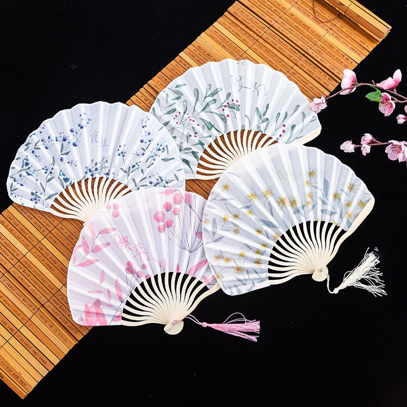 Y-Z Women Japanese style silk portable small bamboo folding Chinese style wooden hand fan