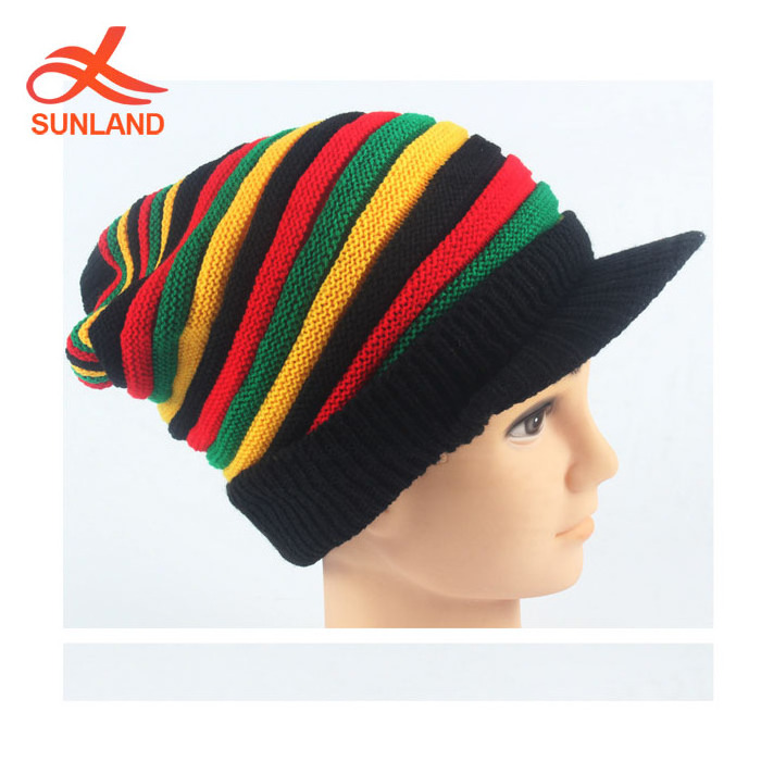 F3111new 100% acrylic unisex knitted rasta beanie hat cheap stripe rainbow hats