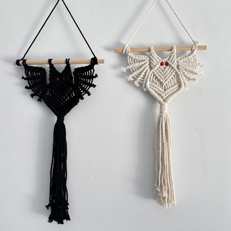 F2102 modern 2024 handmade black white cotton bat halloween decoration custom Gothic Bat macrame products wall art for home