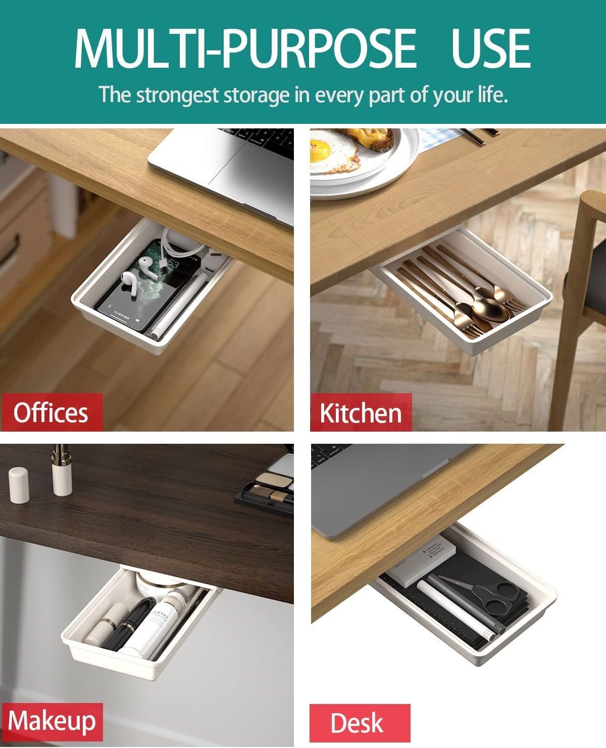 Self-Adhesive Under Office Desktop Pencil Tray Drawer Under Table Storage Tray Drawer for Office/Home/Kitchen