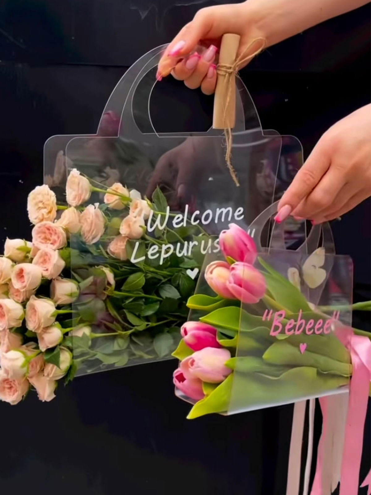 High Quality Fashion Clear Floral Packing Gift Bag With PVC  Plastic Transparent Bouquet Gift Handbag