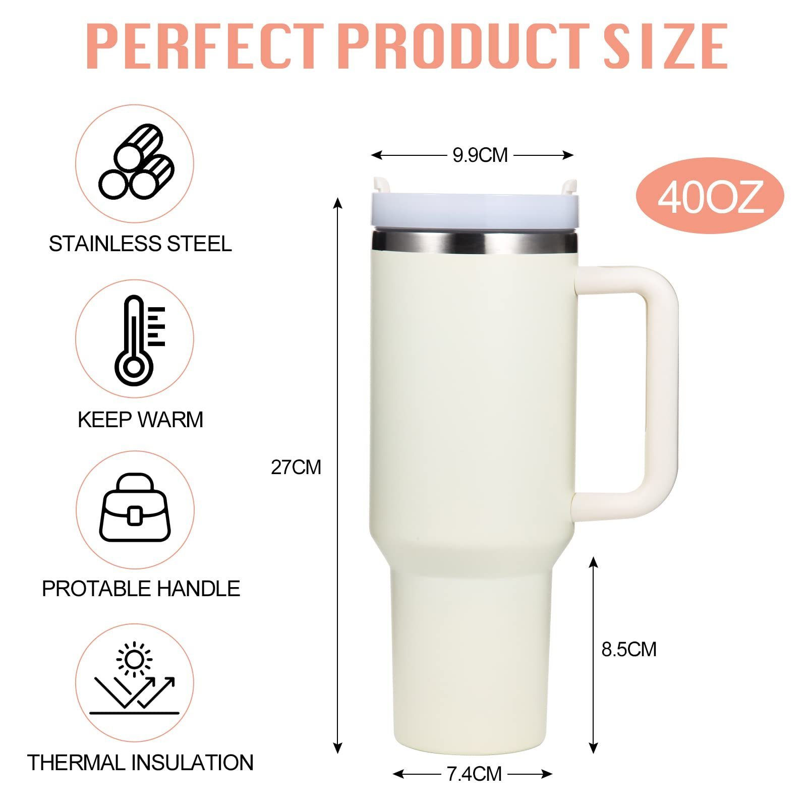 Personalized 40oz Tumbler with Handle Lid Straw 40oz Stainless Steel Water Bottle Vacuum Thermos Cup Travel Car Coffee Mug