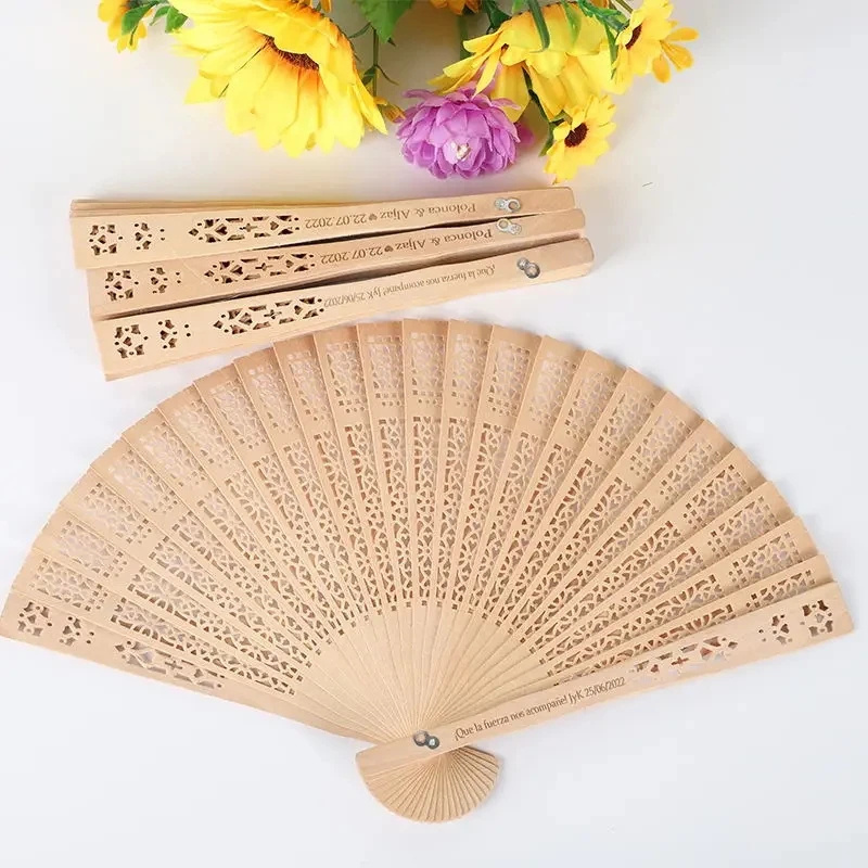 Fashion Wedding Hand Fragrant Party Carved Bamboo Folding Fan Chinese Wooden Fan Vintage Hollow Antiquity Folding Fan In stock