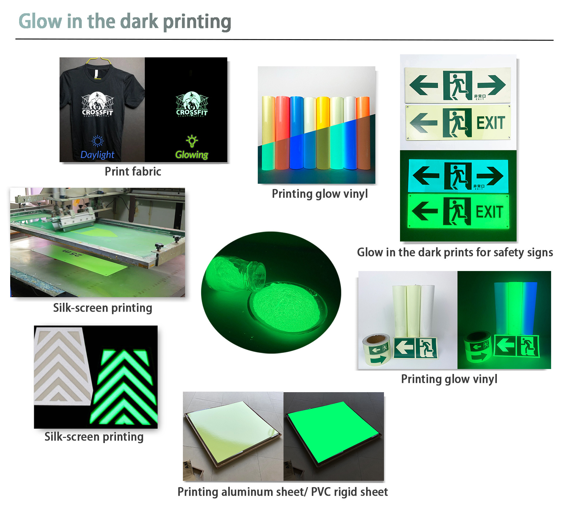 Glow in the dark powder supplier luminescent screen printing photoluminescent pigment for glow in the dark plastisol inks