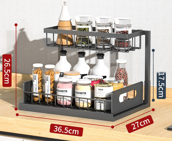 Wholesale 2 Tier Carbon Steel Spice Kitchen Rack Pull Out Sliding Shelf Under Sink Organizer for Kitchen Cabinet Storage Drawer