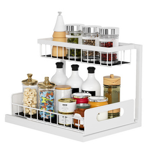 Wholesale 2 Tier Carbon Steel Spice Kitchen Rack Pull Out Sliding Shelf Under Sink Organizer for Kitchen Cabinet Storage Drawer