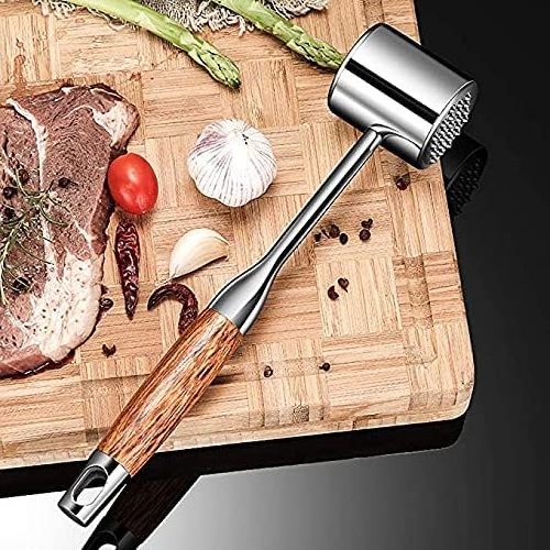 Meat Tenderizer Tool - Meat Mallet Hammer 304 Stainless Steel - Heavy Meat Pounder Dual Sided with Wood Handle for Tenderizing