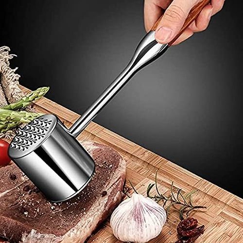 Meat Tenderizer Tool - Meat Mallet Hammer 304 Stainless Steel - Heavy Meat Pounder Dual Sided with Wood Handle for Tenderizing