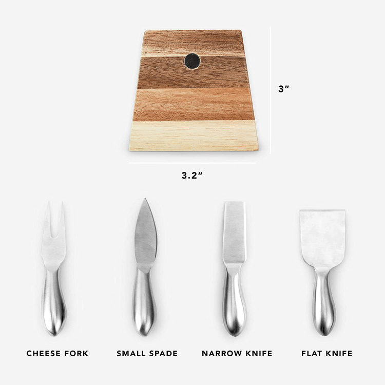 Yuming Factory Amazon Hot Sale 4 Small Stainless Steel Cheese Knives and Fork with Magnetic Acacia Wood Holder