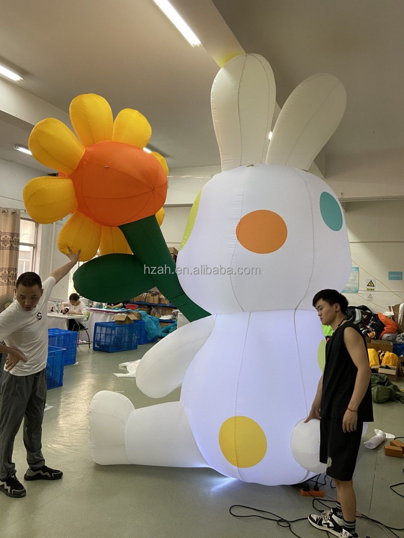 Inflatable Rabbit with Flower in Hands Led Light Giant Inflatable Rabbit Model Balloon for Easter Yard Decoration