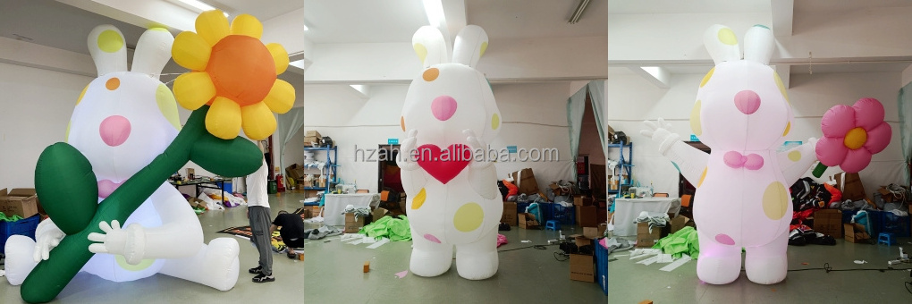 Inflatable Rabbit with Flower in Hands Led Light Giant Inflatable Rabbit Model Balloon for Easter Yard Decoration