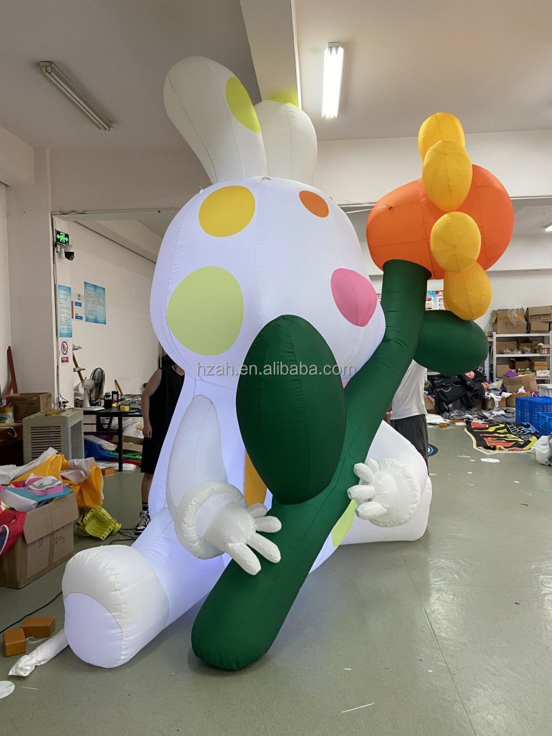 Inflatable Rabbit with Flower in Hands Led Light Giant Inflatable Rabbit Model Balloon for Easter Yard Decoration