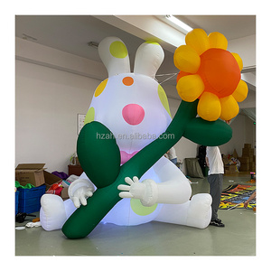 Inflatable Rabbit with Flower in Hands Led Light Giant Inflatable Rabbit Model Balloon for Easter Yard Decoration