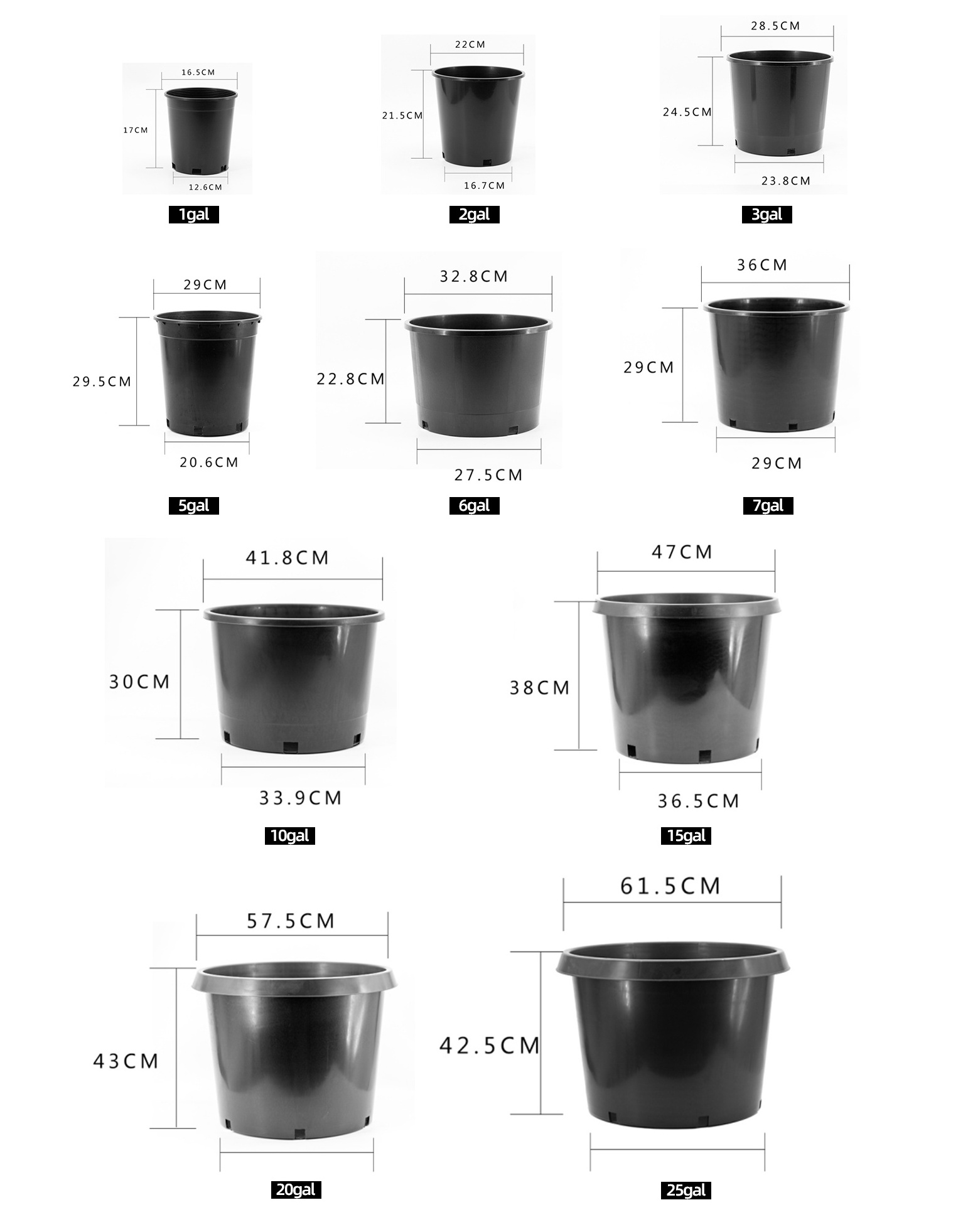 Wholesale Farmland Greenhouse Garden Plastic Nursery Grow Pots 1-25 Gallon Black Grow Pots for Nursery Plants(HG-002-5)