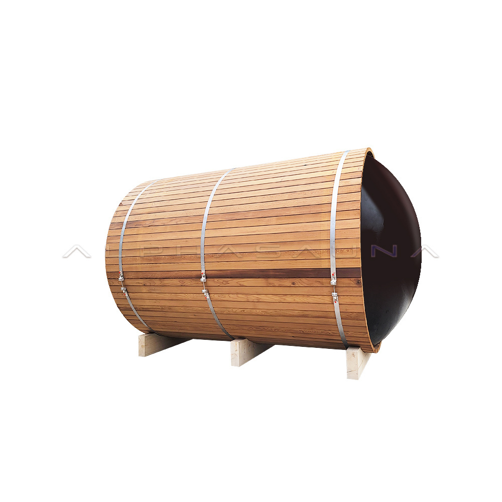 Heat Treated Wood 6 People Lay Down Barrel Outdoor Sauna Rooms Garden With Wood Burning Stove