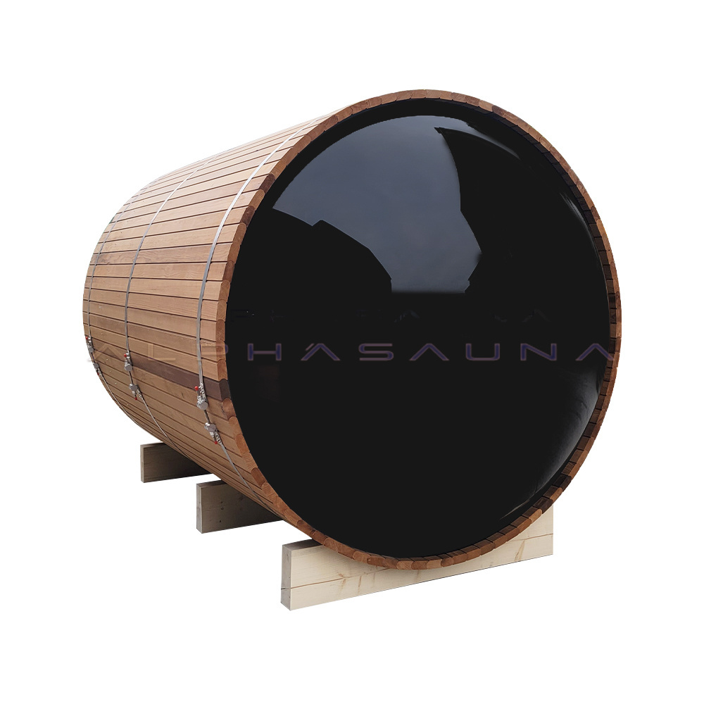 Heat Treated Wood 6 People Lay Down Barrel Outdoor Sauna Rooms Garden With Wood Burning Stove