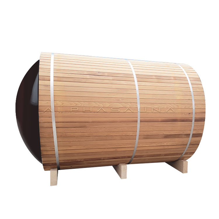 Heat Treated Wood 6 People Lay Down Barrel Outdoor Sauna Rooms Garden With Wood Burning Stove